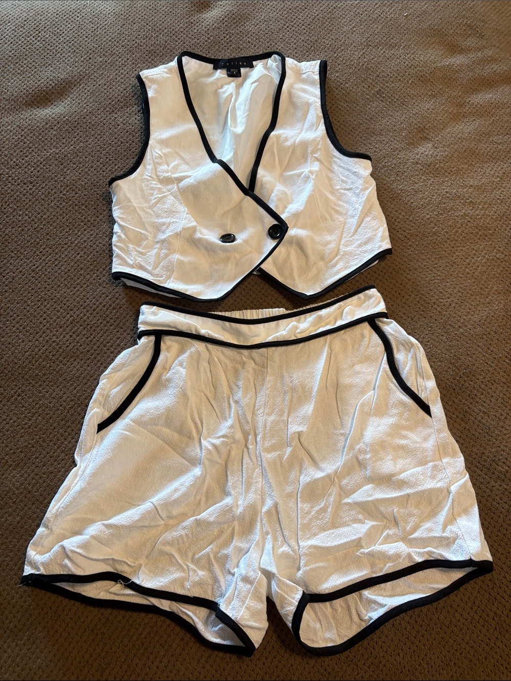 White Cropped Vest & Shorts Set with Black Trim - Feminine Lounge Two-Piece